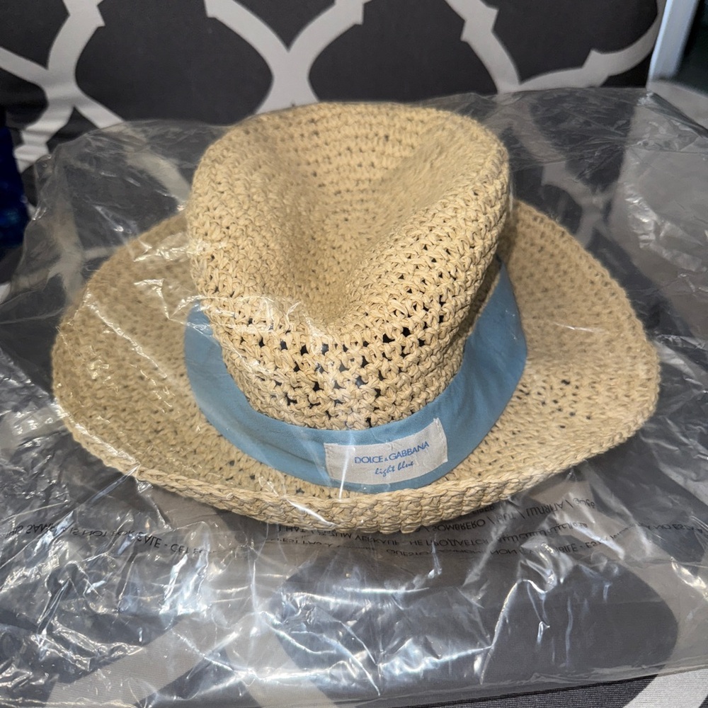 Dolce & Gabbana Beige Straw Hat with Light Blue Band